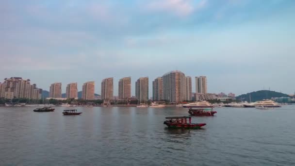 Atardecer Tiempo Sanya Ciudad Bahía Azotea Panorama Timelapse Hainan Isla — Vídeo de stock