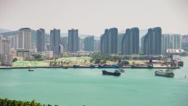 Pôr Sol Hora Sanya Cidade Baía Telhado Panorama Timelapse Hainan — Vídeo de Stock