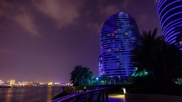 Sanya China Октября 2018 Ночное Время Освещения Sanya City Bay — стоковое видео