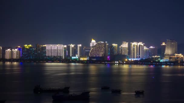 Sanya China Październik 2018 Nocne Oświetlenie Zatoki Miejskiej Sanya Panorama — Wideo stockowe