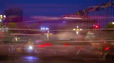 SANA, ÇİN - 7 Ekim 2018: gece vakti Sanya trafik caddesi kavşağı ünlü panorama 4k zaman kavşağı yaklaşık 7 Ekim 2018 hainan adası Çin.