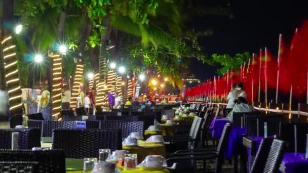 Sanya China Octubre 2018 Noche Iluminada Sanya Dadonghai Playa Cafés — Vídeo de stock