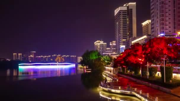 夜间灯火通明的三亚城市大桥滨江湾全景4K 时间拉底岛中国 — 图库视频影像