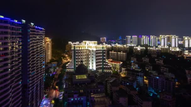 Nacht Beleuchtet Sanya Berühmten Dadonghai Strand Stadt Dachterrasse Panorama Zeitraffer — Stockvideo