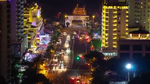 Night Time Illuminated Sanya Dadonghai Resort Island Traffic Street Rooftop — Stock Video