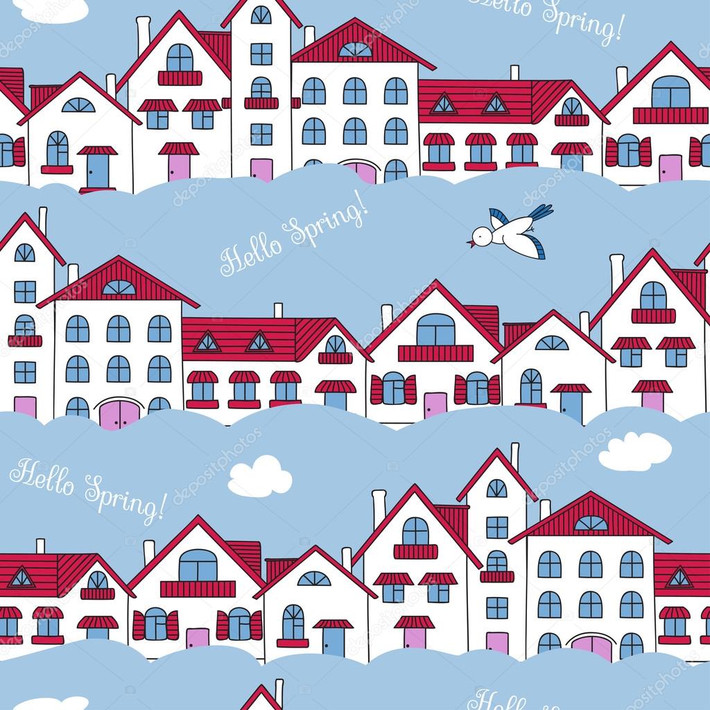 Seamless pattern of white houses and clouds.
