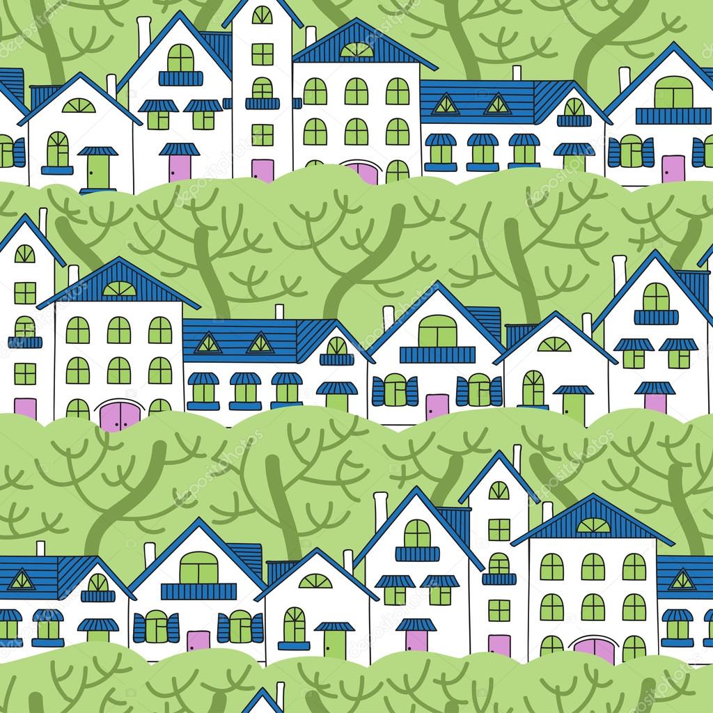 Seamless pattern of white houses and green trees.