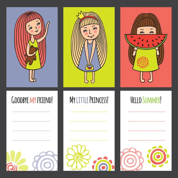 Cartões coloridos com meninas engraçadas . —  Vetores de Stock