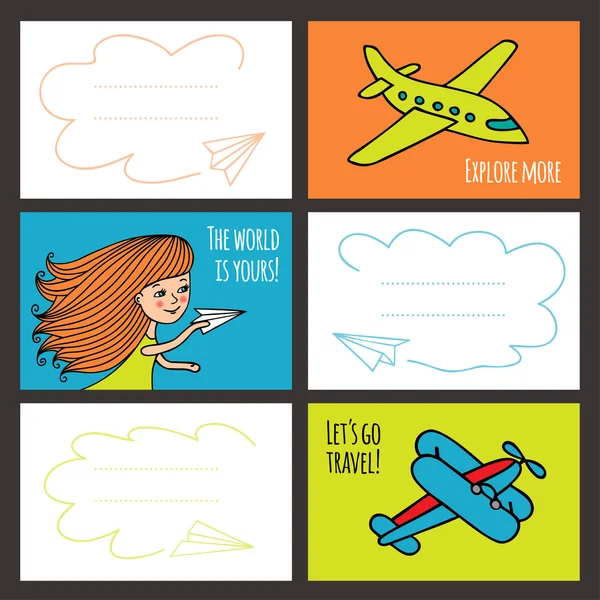 Tarjeta de vector colorido bebé niña y aviones . — Vector de stock