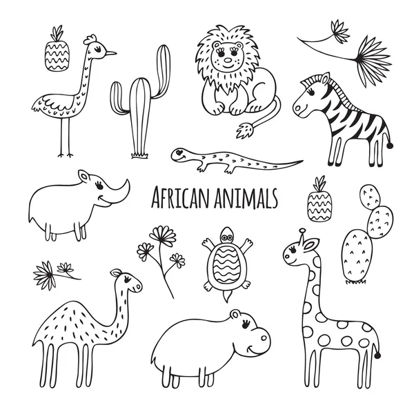 Conjunto de animales africanos blancos y negros — Vector de stock