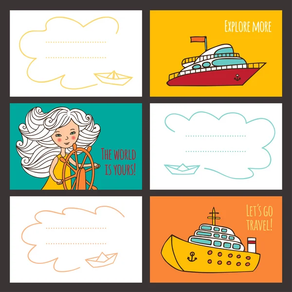 Tarjeta de vector colorido linda chica y barcos . — Vector de stock