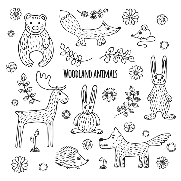 Conjunto de animales tropicales en blanco y negro . — Vector de stock