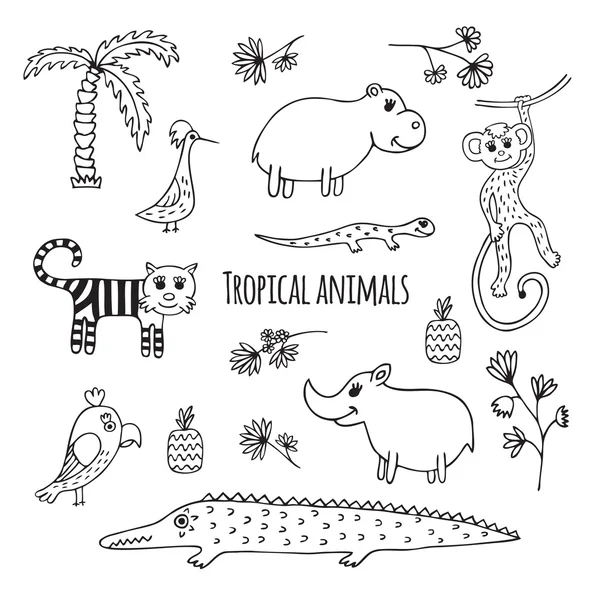 Set di animali tropicali in bianco e nero — Vettoriale Stock