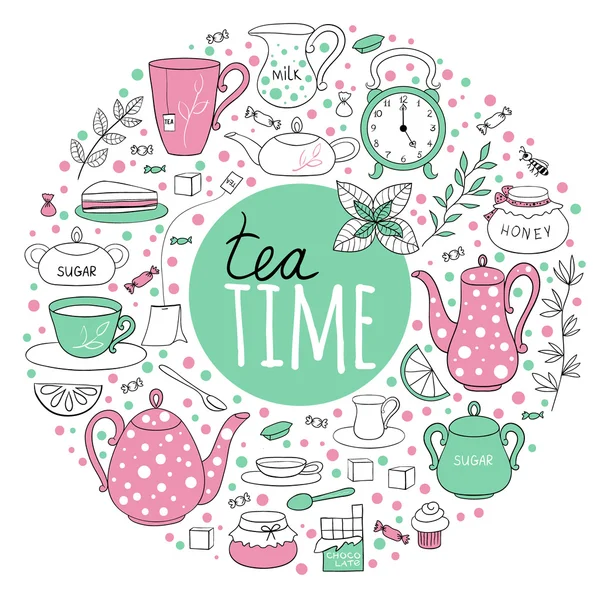 Round set of tea time — Stock Vector
