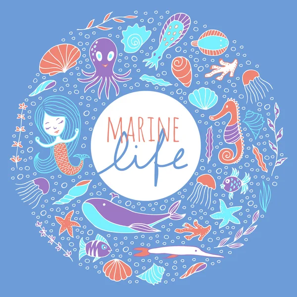 Conjunto vectorial de vida marina sobre fondo azul . — Vector de stock