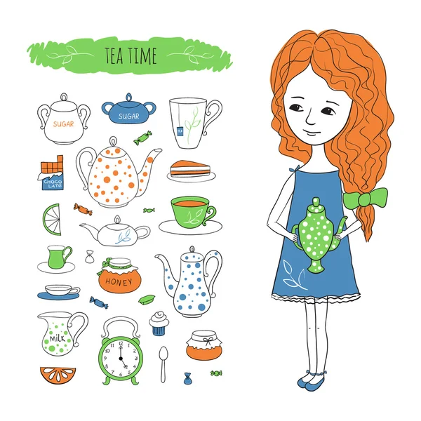 Ilustración de vectores de tiempo de té con imagen de niña — Vector de stock