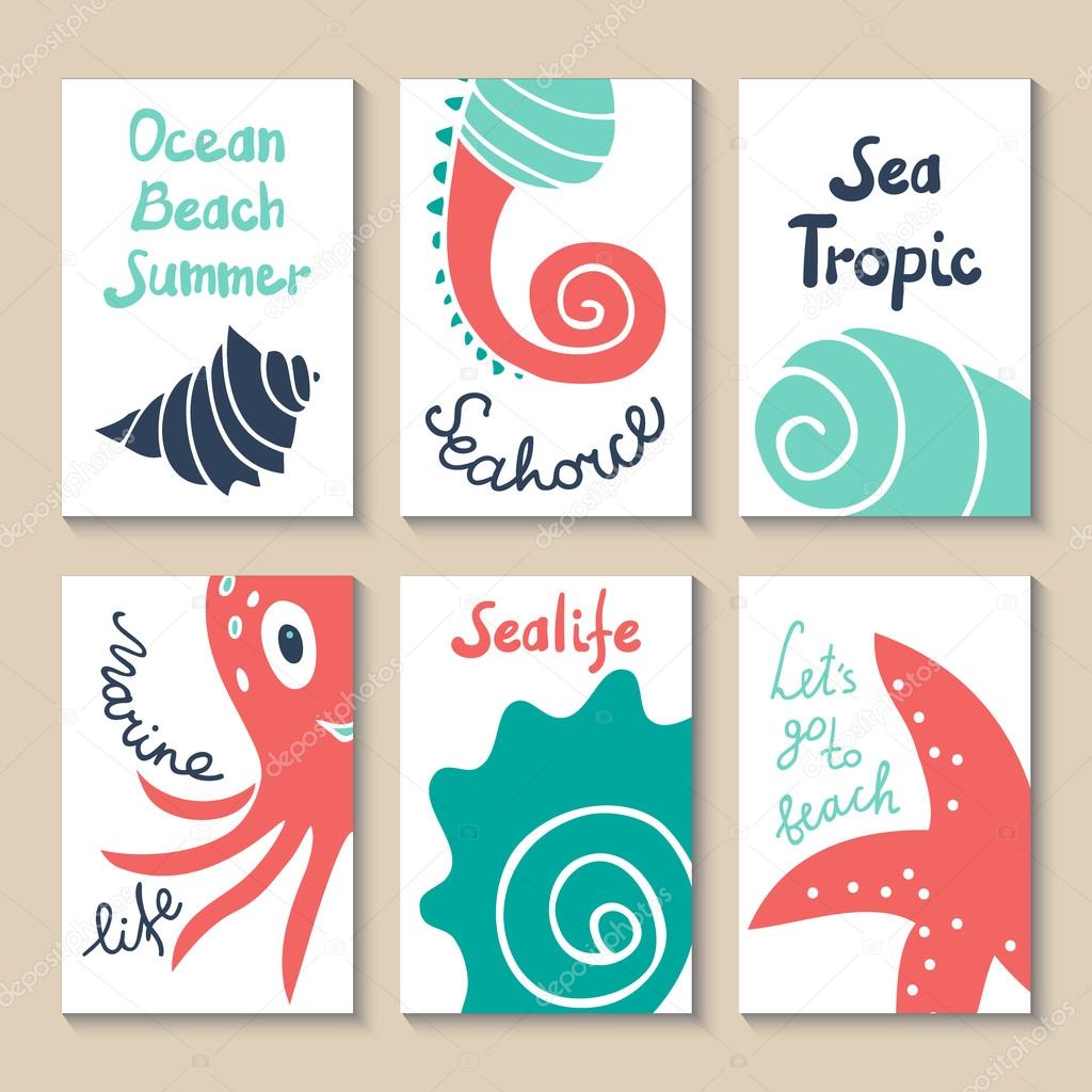 Cute doodle with shells, octopus, starfish and seahorse. Suitable for birthday, party, invitations, brochures. Vector illustration sea animals drawn by hand in cartoon style. Printable templates set.