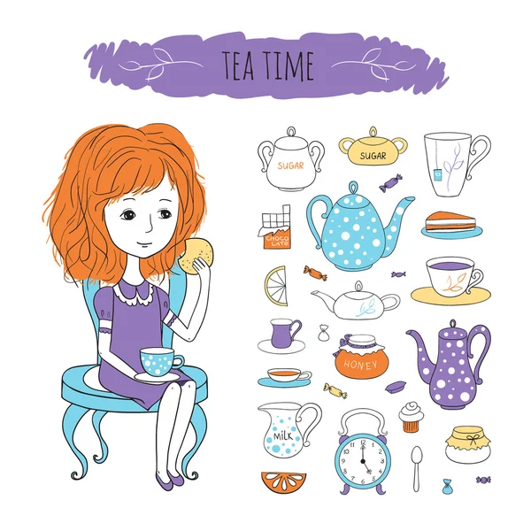 Ilustración de vectores de tiempo de té con imagen de niña — Vector de stock