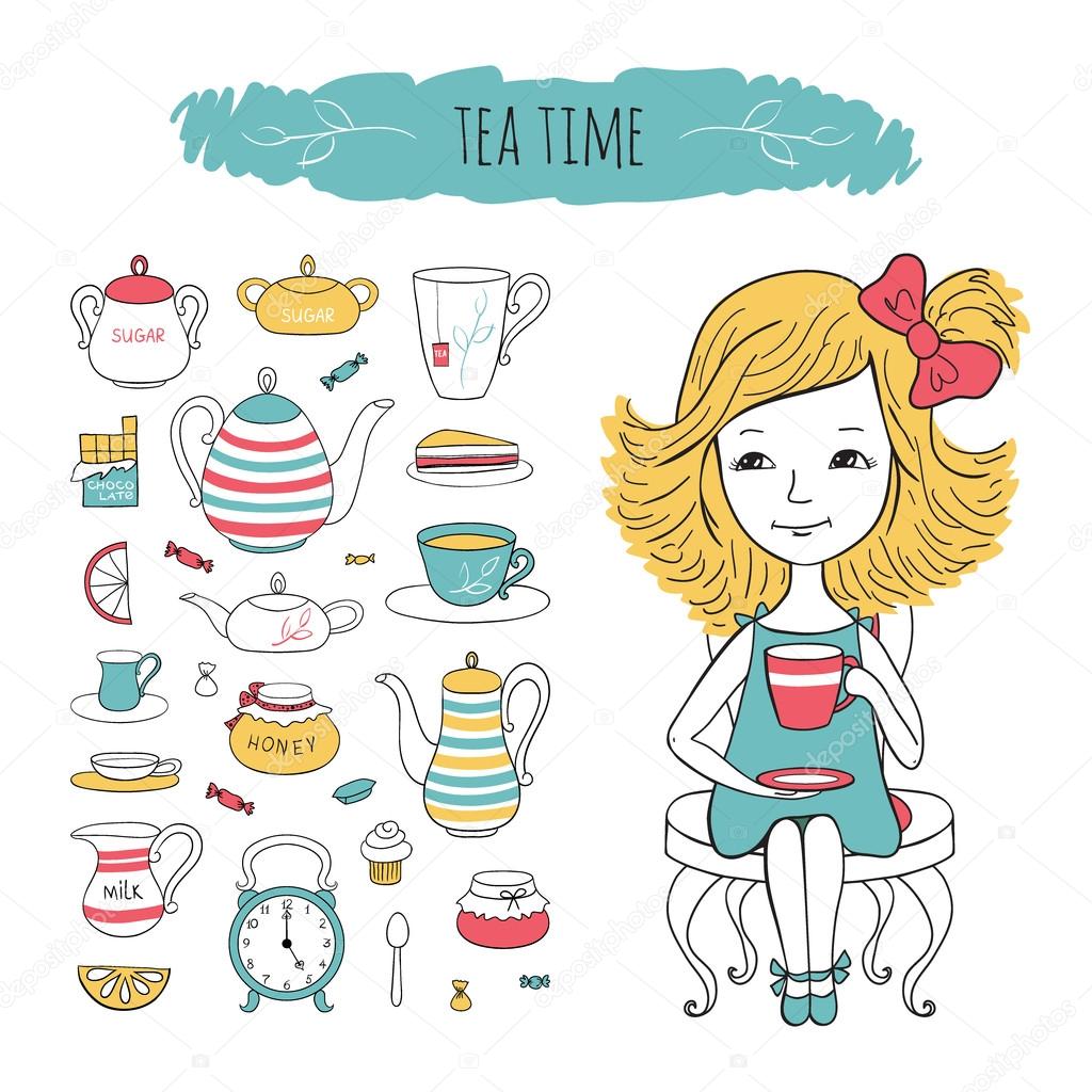 Tea collection and girl on chair.