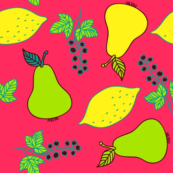 Patrón sin costuras de grosella, pera y limones — Vector de stock
