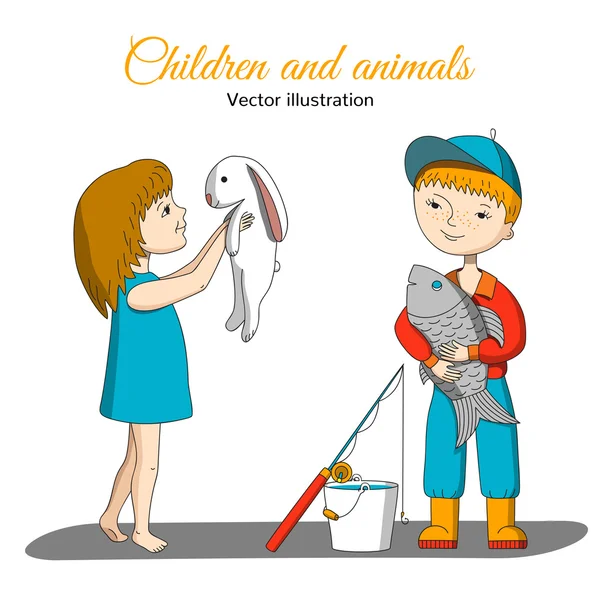 Девочка с кроликом и мальчик с рыбой . — стоковый вектор