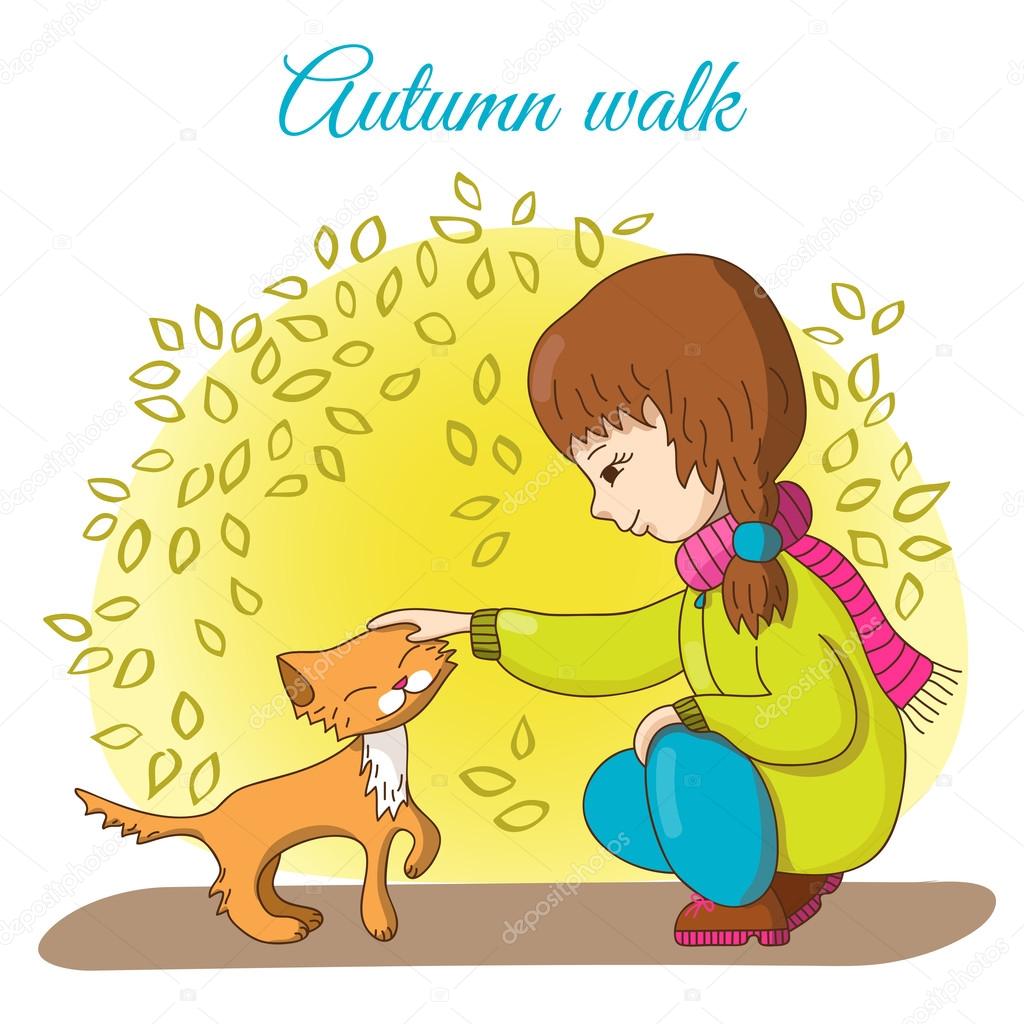 Autumn walk.  Girl and kitten.