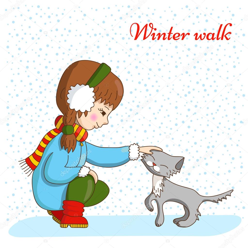 Winter walk. Children and animals.