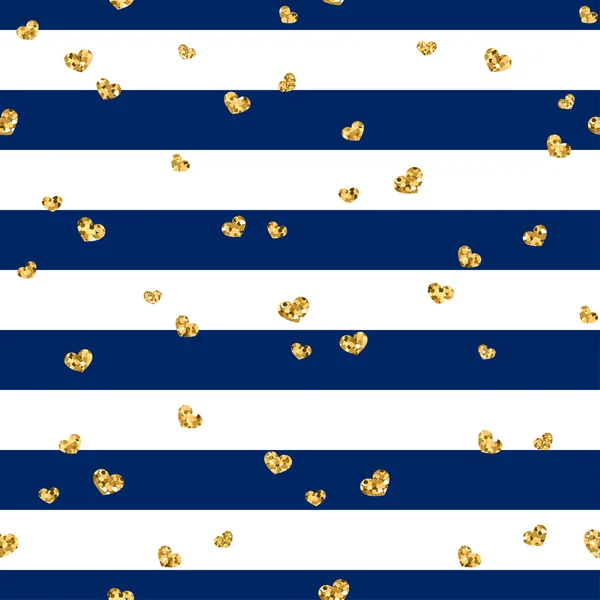 Gouden harten blauwe strepen naadloze patroon 1 — Stockvector