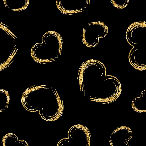 Goldene Herzen chaotisch nahtloses Muster 2 schwarz — Stockvektor