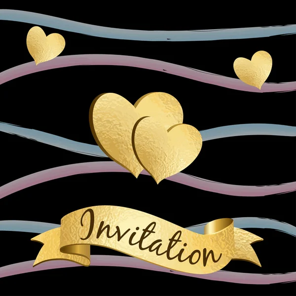 Gold doodle heart invitation card 1 — Stock Vector