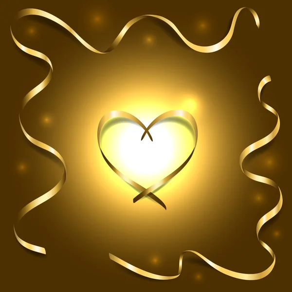 Gold silk heart with frame ribbons shiny light background — Wektor stockowy