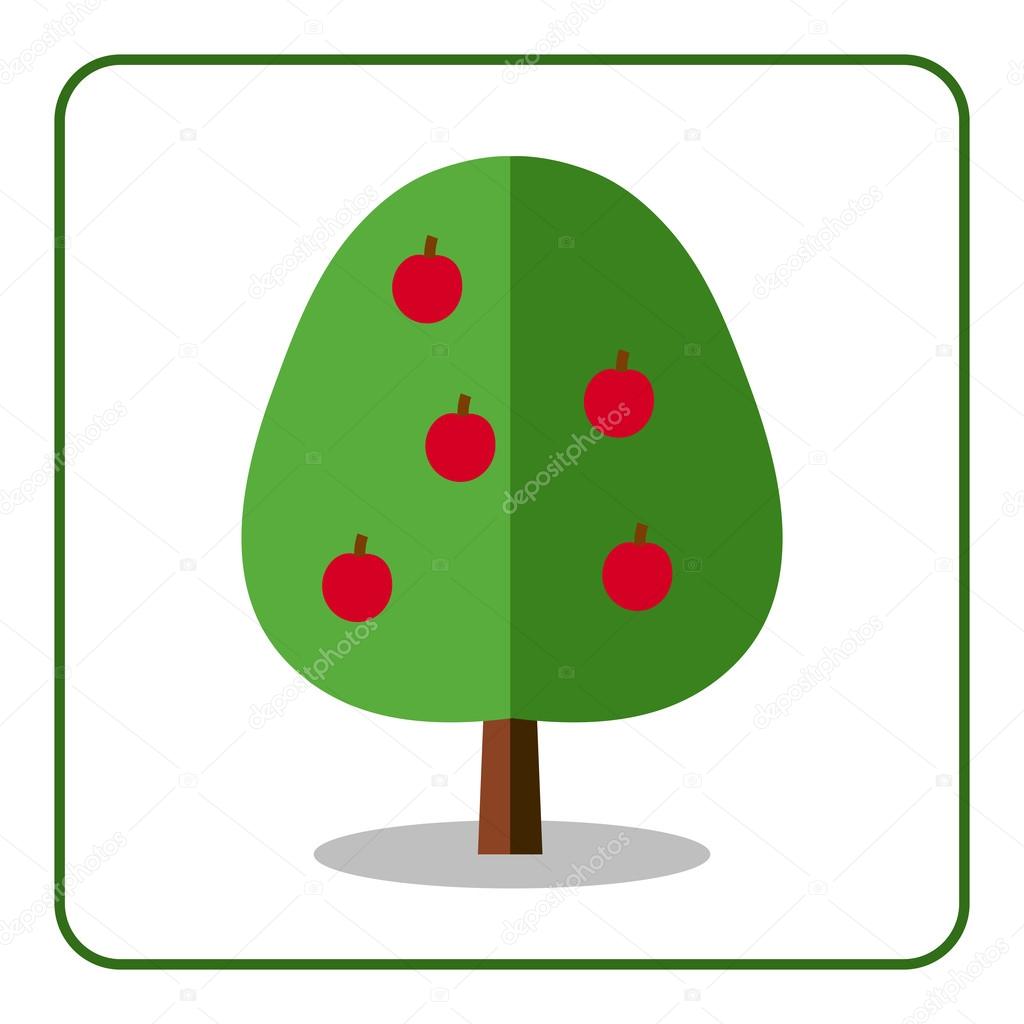 Apple tree icon. Flat sign with fruit. Trendy and beautiful floral element isolated on white background. Green silhouette deciduous tree. Symbol of nature, garden. Sprites for game Vector illustration