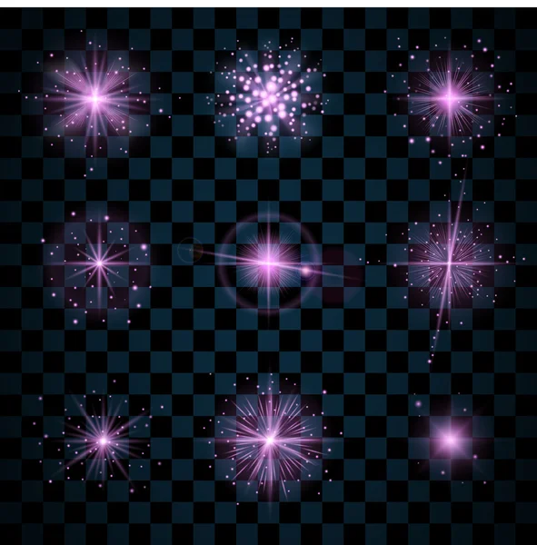 Strălucire stele violet sclipici sclipici icoane — Vector de stoc
