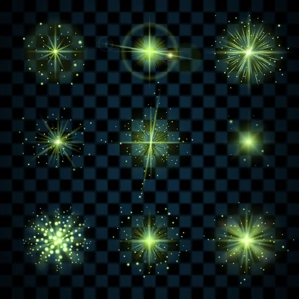 Λάμψη πράσινα αστέρια λάμπει αστραφτερά εικονίδια — Διανυσματικό Αρχείο