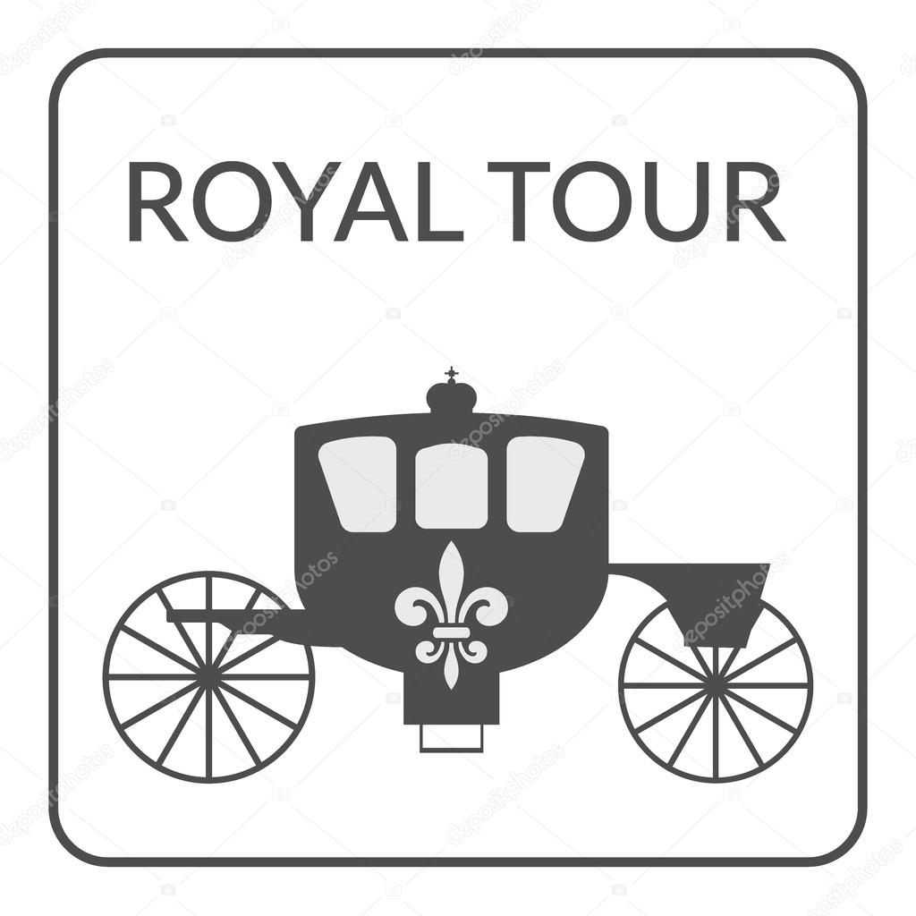 Voyage symbol. Gray silhouette carriage with royal fleur de lis isolated on a white background. Logo Design for Tourist firm, enterprises, company or advertising agency. Travel design. Service Concept. Flat Style. Vector