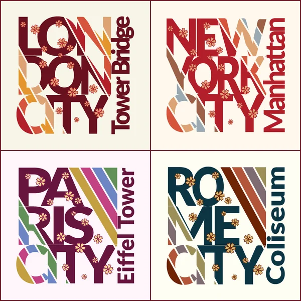 Set di design T-shirt. NYC, Londra, Roma, Parigi — Vettoriale Stock