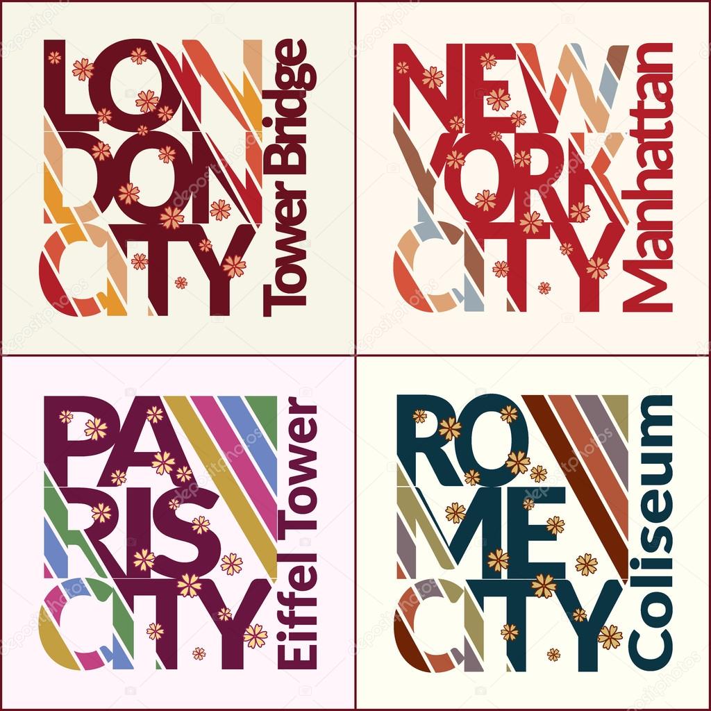 T-shirt design set. Fashion Capitals Typography Graphics. Stylish printing design for sportswear apparel. NYC, London, Rome, Paris original wear. Concept in modern style for print production. Vector