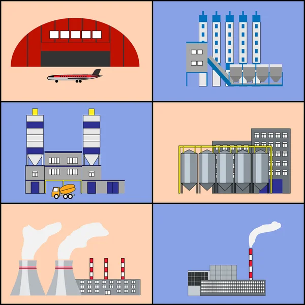 Factory buildings and power plants icons. Flat design. — Stock Fotó