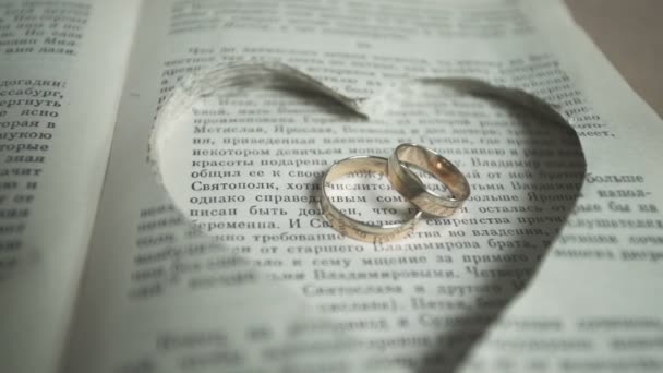 Anillos de boda en una página del libro . — Vídeos de Stock