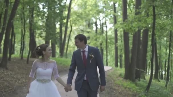 La novia y el novio están tomados de la mano sonriendo — Vídeo de stock