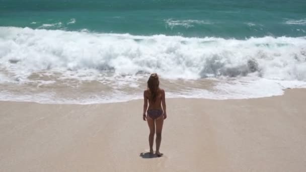 Bella ragazza sulla spiaggia è felice — Video Stock