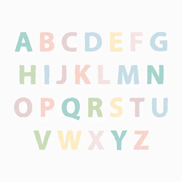 English multicolored hand drawn school alphabet. Hand drawn pastel ABC letters. Baby pastel alphabet. Vector hand drawn alphabet. Card with soft and gentle colors. Vector Illustration. — Stock Vector