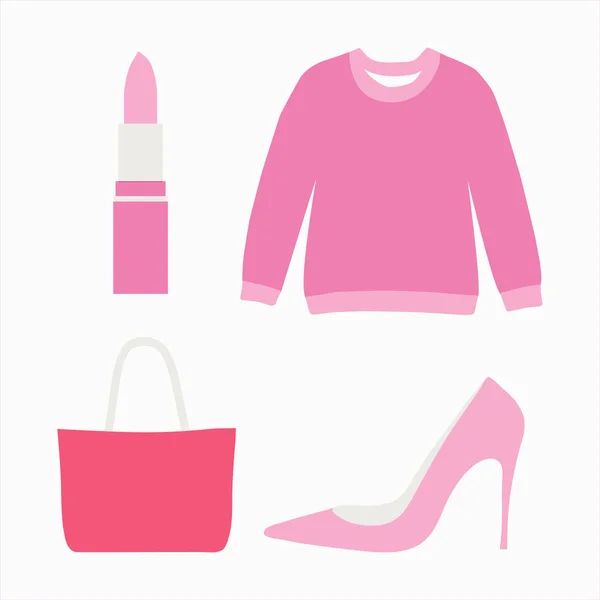 Conjunto de elementos de moda - suéter, batom, bolsa e sapato alto. Estilo plano. Roupas glamorosas. Cor rosa. Ilustração vetorial . — Vetor de Stock