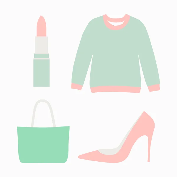 패션 요소의 집합 - 스웨터, 립스틱, 핸드백과 높은 신발. 플랫 스타일. 화려한 의상. 파스텔 부드러운 색상입니다. 벡터 일러스트레이션. — 스톡 벡터