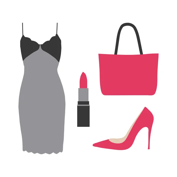 Conjunto de elementos de moda: vestido, lápiz labial, bolso y zapato alto. Estilo plano. Trajes glamurosos. Colores rosa y gris. Ilustración vectorial sobre fondo blanco . — Archivo Imágenes Vectoriales