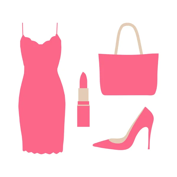 Set of fashion elements - dress, lipstick, handbag and high shoe. Flat style. Glamorous outfits. Pink color. Vector illustration on white background. Simple and minimalistic. — Stock Vector