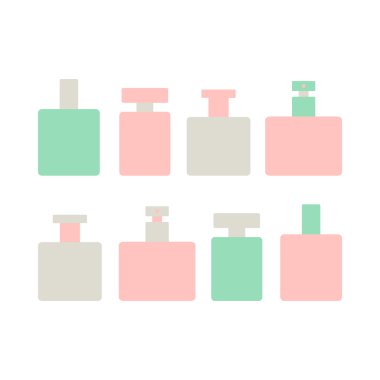 Beyaz arka planda parfüm koleksiyonu. Parfüm simgesi. Parfüm logosu. Kadın kozmetikleri. Yumuşak renkler. Düz vektör çizimi.