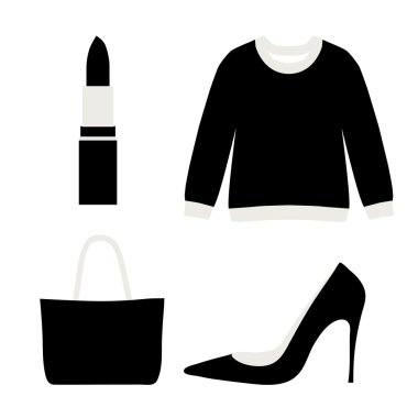 Beyaz arka plan - kazak, ruj, el çantası ve yüksek Ayakkabı Moda öğeleri kümesi. Düz stil. Göz alıcı giysiler. Siyah ve beyaz. Vektör çizim.