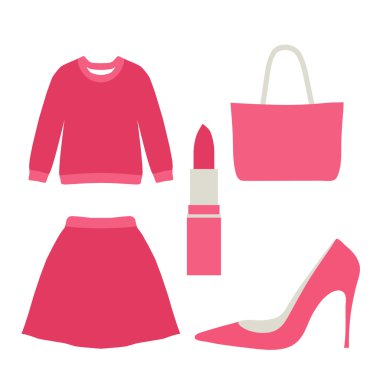 Beyaz arka plan - kazak, etek, ruj, el çantası ve yüksek Ayakkabı Moda öğeleri kümesi. Düz stil moda elemanları. Göz alıcı giysiler. Pembe moda elemanları. Vektör çizim.