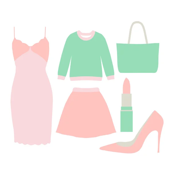 Collection of fashion elements - sweater, lipstick, handbag, high shoe, dress and skirt. Flat style. Glamorous outfits. Pastel soft colors. Vector illustration. — Stock Vector